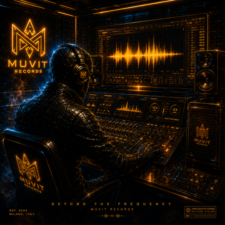 Uniformità del Suono – Coerenza Audio Professionale Muvit Records Uniformità del suono Muvit Records: ottimizzazione audio in studio futuristico gold cyberpunk, con bilanciamento delle frequenze, controllo