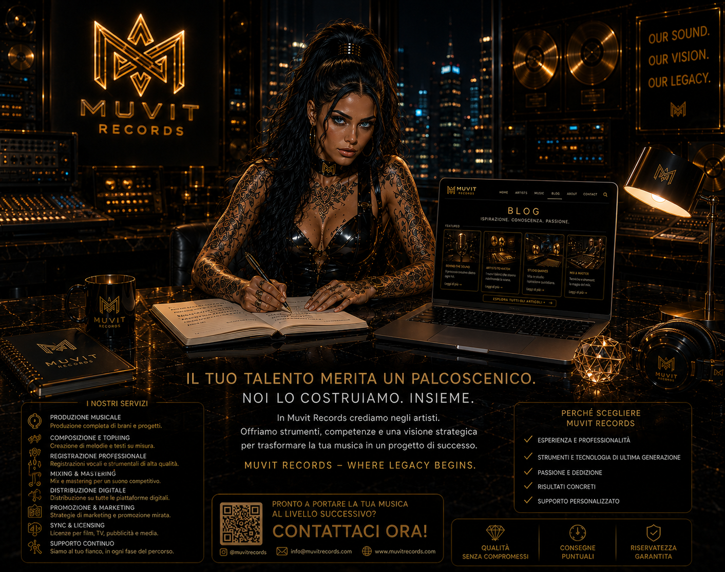 Muvit Records - Stay Inspired. Stay Connected. Cinque ragazze tatuate dal look cyber-glam sono sedute attorno a un laptop negli studi futuristici Muvit Records
