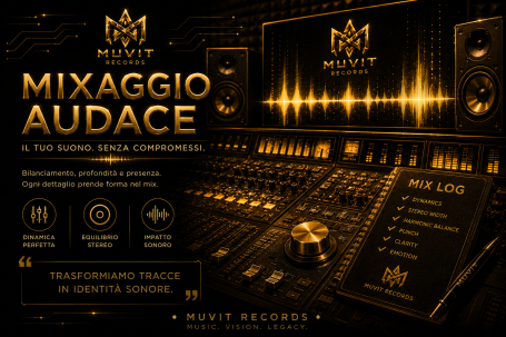 Mixaggio Audace – Sound Design Distintivo Muvit Records Mixaggio audace Muvit Records: fase creativa e tecnica in studio futuristico gold cyberpunk, con bilanciamento delle frequenze