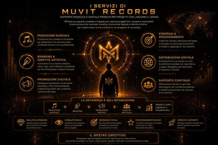 Scalata alle Classifiche Mondiali – Successo Globale Muvit Records Scalata alle classifiche musicali globali firmata Muvit Records, con visual futuristico in stile gold cyberpunk: onde sonore luminose, mappe