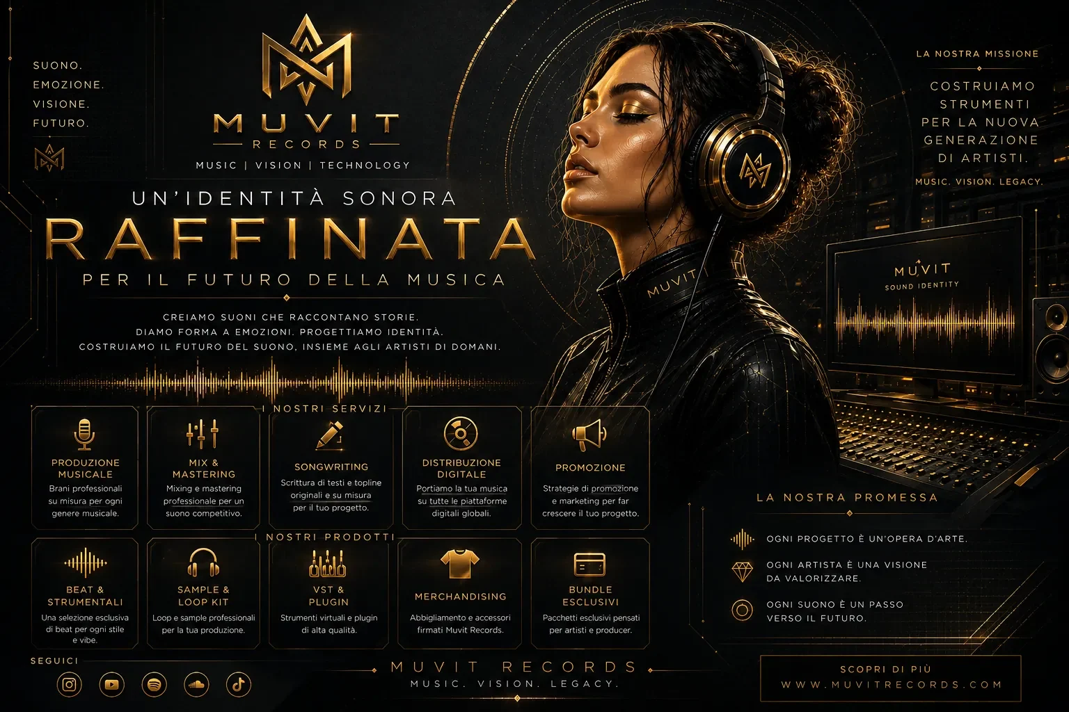 Identità Sonora, Visione Artistica e Innovazione Musicale | MUVIT Records Visuale rappresentativa della filosofia MUVIT Records, dove produzione musicale, identità artistica, sound design e visione creativa converg