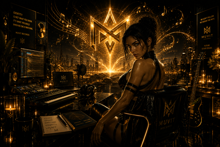 Dove Nasce l'Identità Artistica Figura artistica in ambiente musicale futuristico nero e oro, simbolo di identità creativa, visione personale e autenticità.