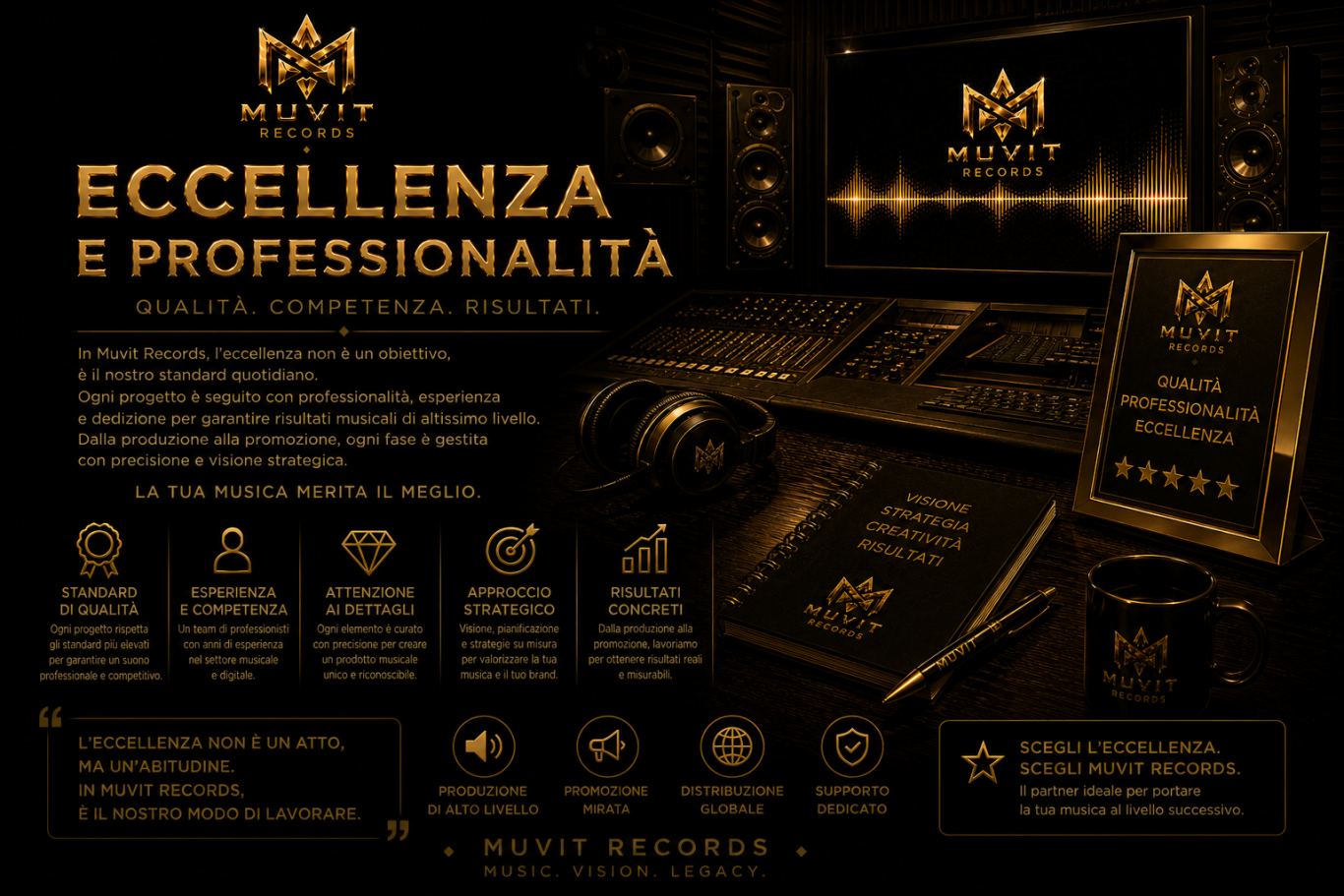 Eccellenza e Professionalità – Standard Premium Muvit Records Eccellenza e professionalità Muvit Records rappresentate in uno studio di registrazione futuristico: ambiente curato nei dettagli, techno