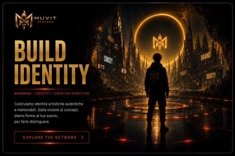 Build Identity MUVIT Records Build Identity section featuring a cinematic futuristic environment where artistic identity, branding and creative direction c
