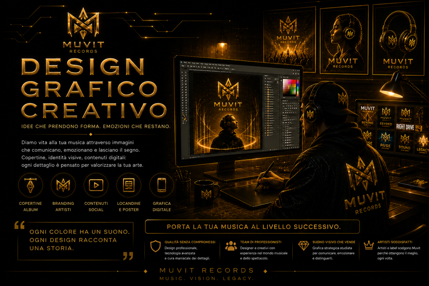 Design Grafico Creativo – Identità Visiva Premium Muvit Records Design grafico creativo Muvit Records in ambiente futuristico gold cyberpunk: visual digitali, grafiche animate e composizioni estetiche