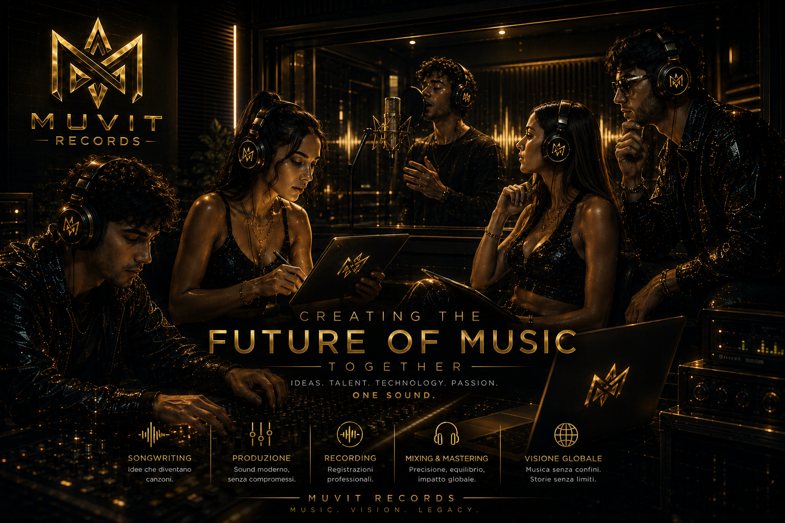 Voce Perfetta in Studio Luxury con Tecnologia High-End di Muvit Records Studio di Registrazione Cinematico Black & Gold con Microfoni Neumann High-End di Muvit Records