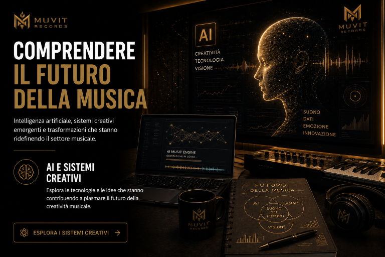 Intelligenza Artificiale e Futuro della Musica | MUVIT Records Rappresentazione dell'incontro tra intelligenza artificiale, creatività musicale e sistemi innovativi che stanno trasformando il settore mus