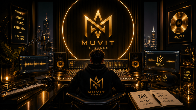 Quando il Brand Diventa Presenza Studio musicale futuristico nero e oro dove identità, visione e suono convergono nella costruzione di un brand riconoscibile.