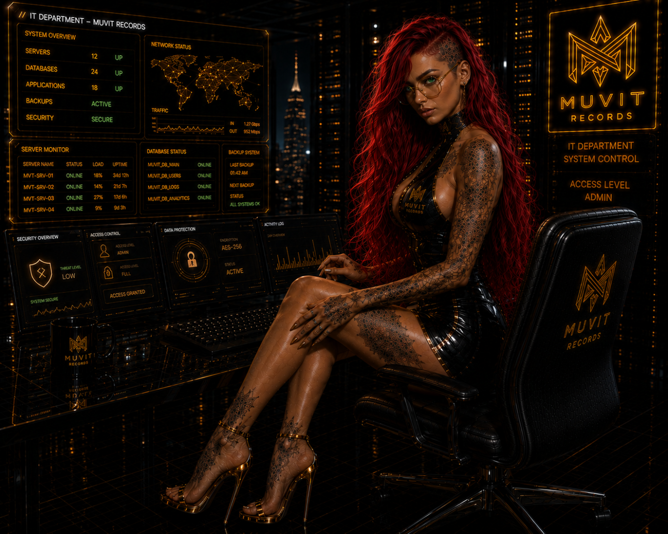 In una sofisticata control room cyberpunk firmata Muvit Records, una donna dai lunghissimi capelli rossi mossi siede elegantemente su una po