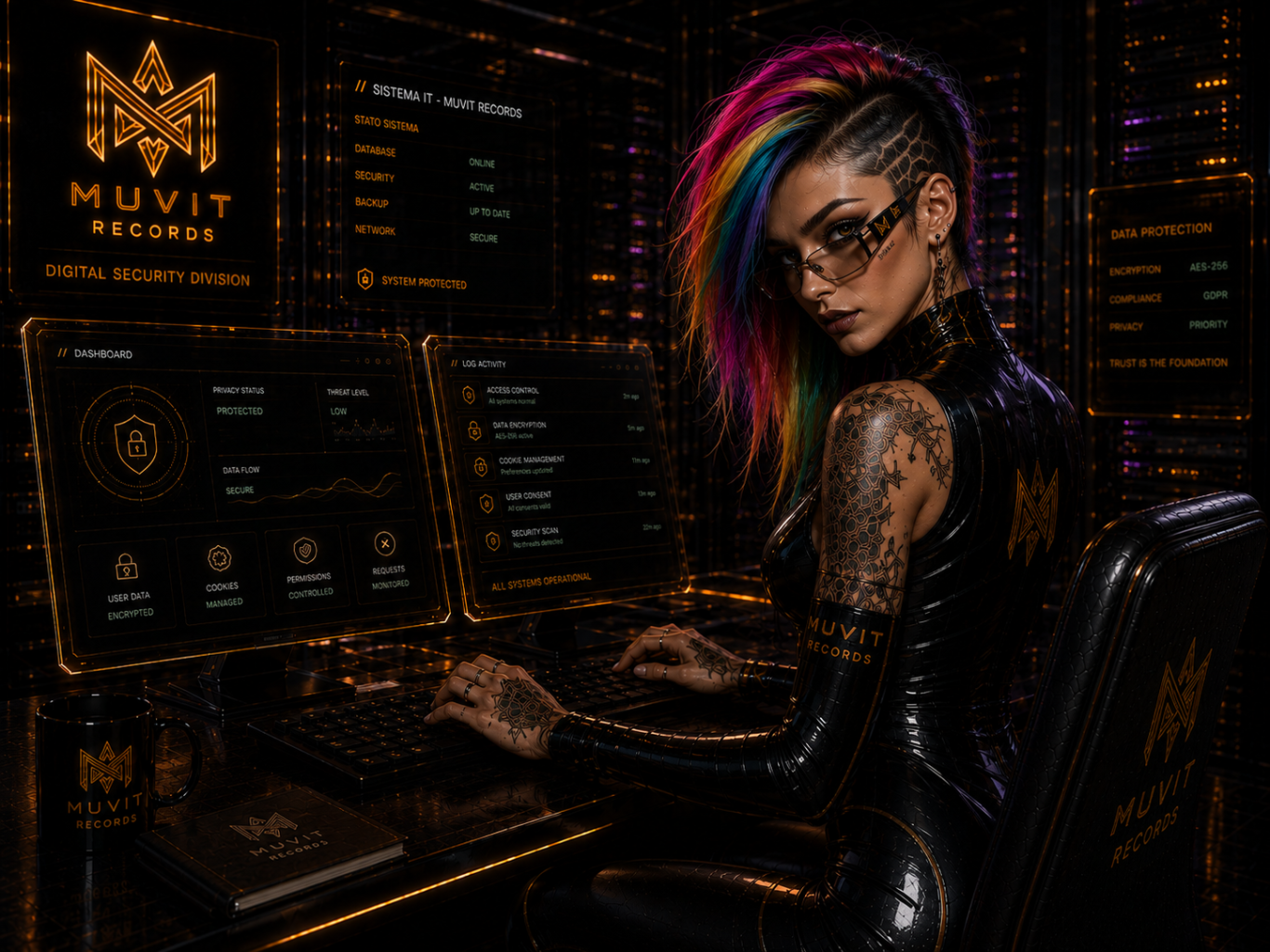 Nel cuore della divisione digitale di Muvit Records, una giovane specialista di cybersecurity domina una sofisticata coone musicale, eleganz
