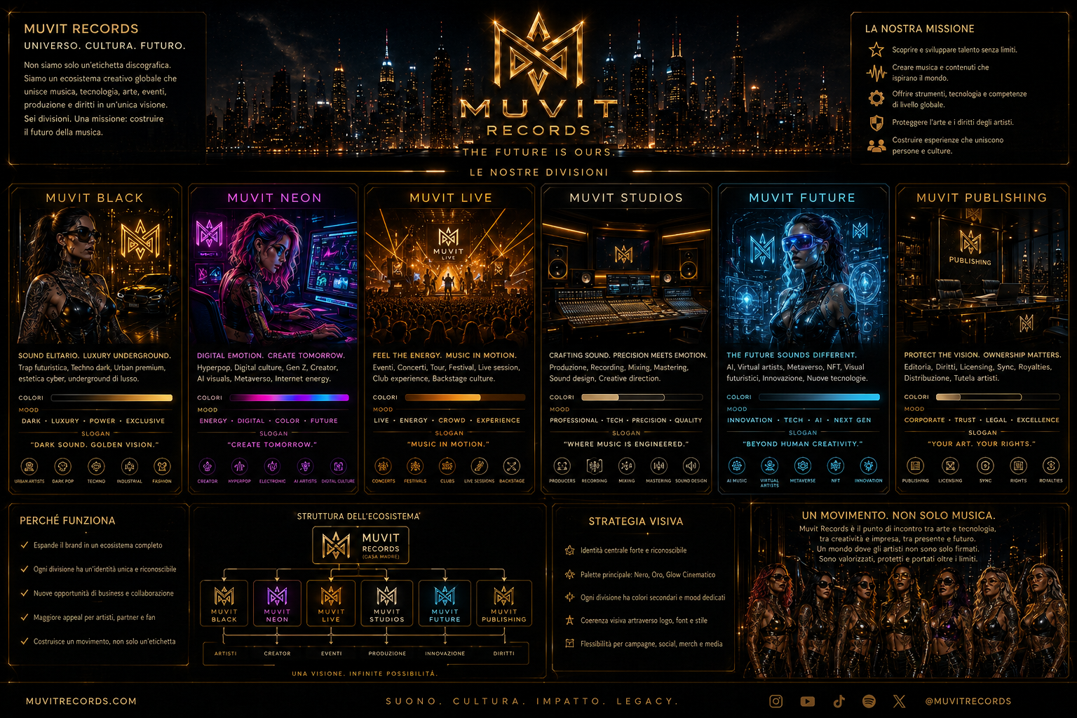 Poster concettuale futuristico di Muvit Records che presenta l’intero ecosistema del brand come una corporation musicale cyber-luxury.