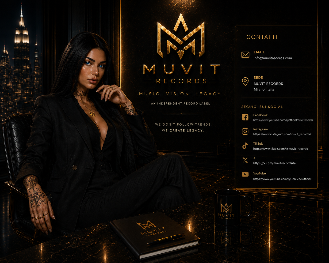 Muvit Records — The Contact Manager Una splendida donna dai lineamenti raffinati e dallo stile elegante siede nel moderno ufficio contatti di Muvit Records