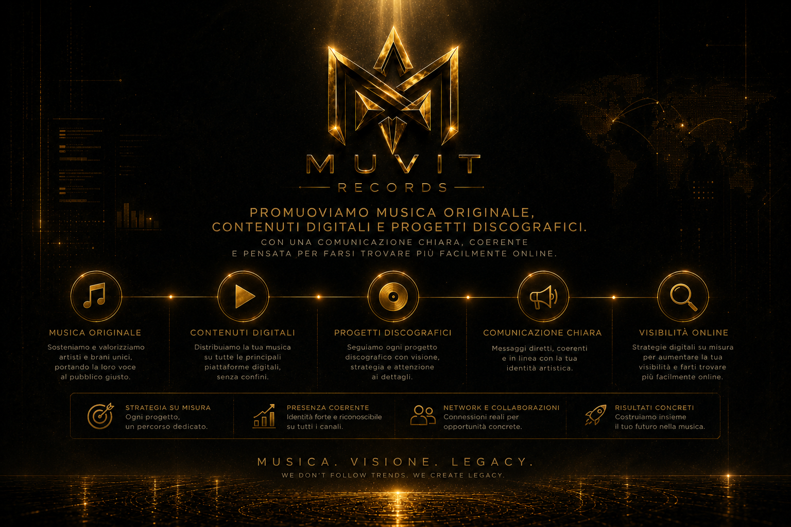 Poster promozionale dal design futuristico e lussuoso per Muvit Records, con sfondo nero profondo illuminato da riflessi dorati