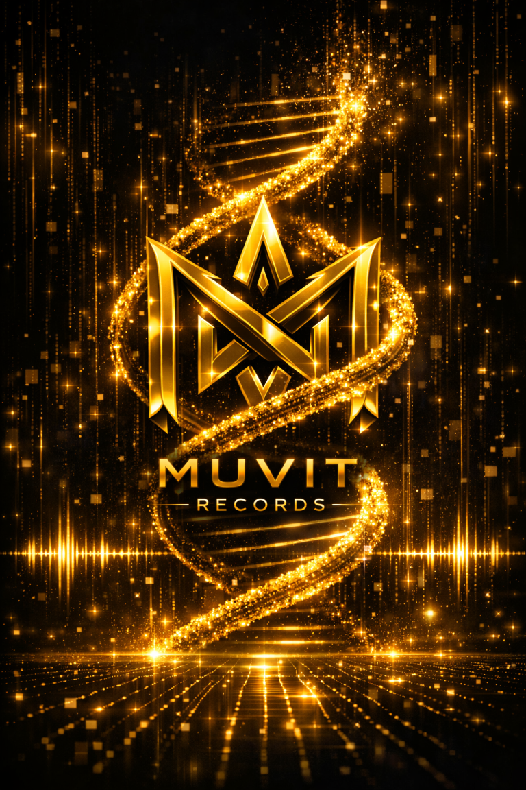 DNA Music Hub – Manifesto Visivo MUVIT Visual futuristico con logo dorato MUVIT Records e elica di DNA luminosa su sfondo nero‑oro.