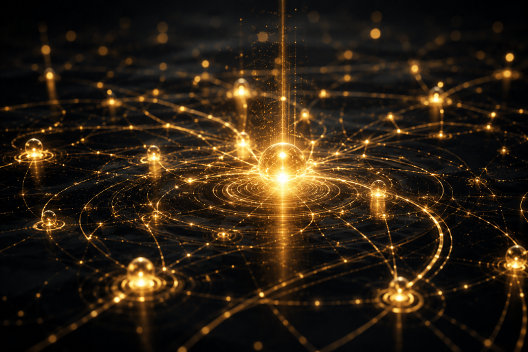 I Segnali che Influenzano la Spotify Discoverability Rete di connessioni luminose che visualizza i segnali che contribuiscono alla discoverability musicale.