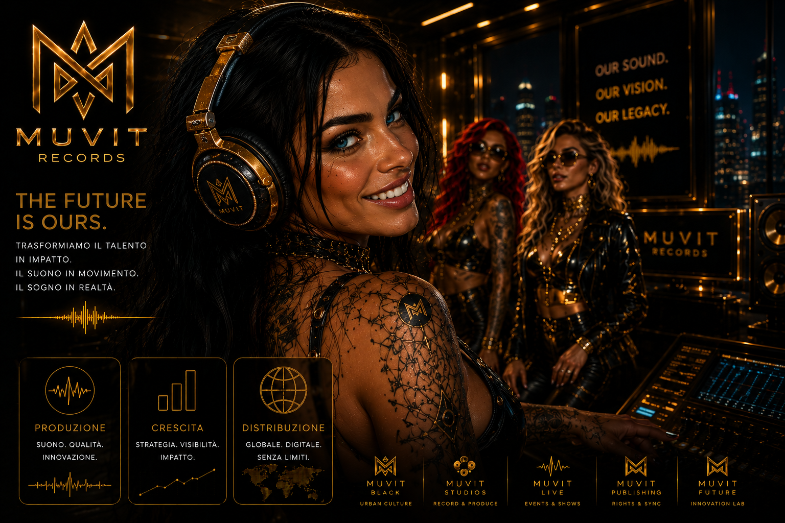 Figure cyber-glam all’interno degli studi futuristici MUVIT Records in un’atmosfera musicale cinematica e immersiva.