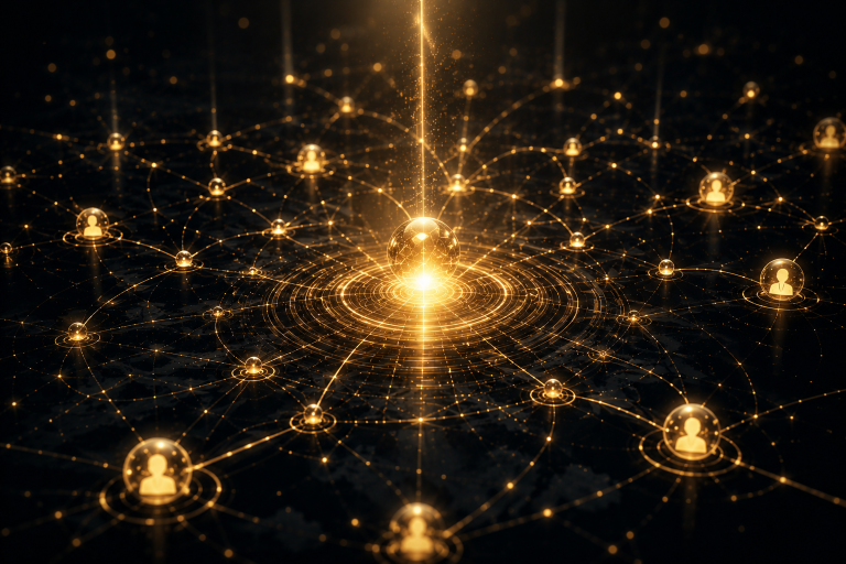 Riconoscibilità Artistica e Spotify Discoverability Rete di connessioni luminose che rappresenta riconoscibilità artistica, memoria musicale e discoverability.