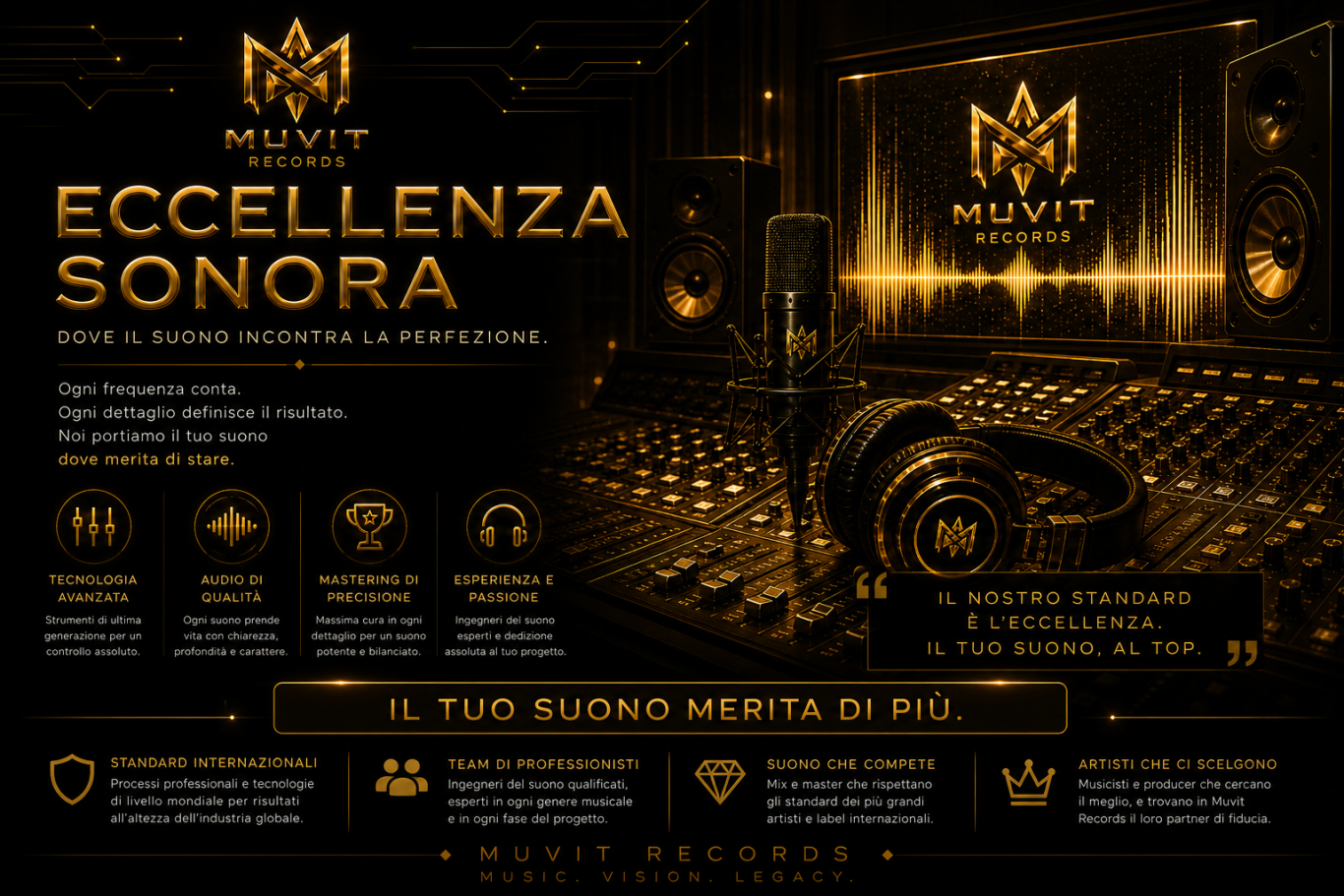 Suoni al Top – Qualità Audio Premium Muvit Records Suoni al top Muvit Records: produzione musicale di alta qualità in studio futuristico gold cyberpunk, con sound potente, definito e bilanced