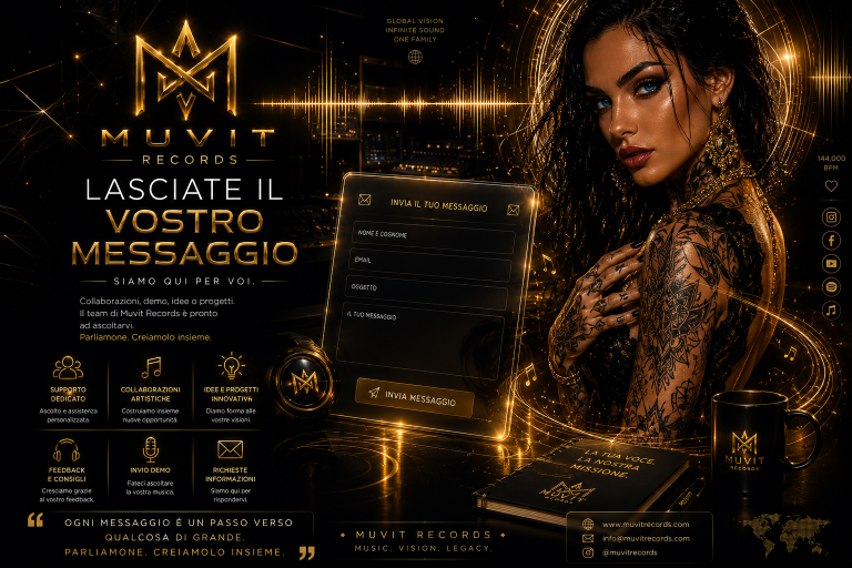 Contatta Muvit Records | Produzione Musicale e Servizi Artisti Modulo contatti Muvit Records per richiedere informazioni su produzione musicale, sviluppo artisti e servizi digitali