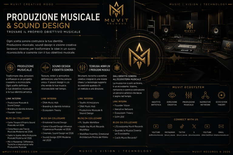 Produzione Musicale e Sound Design | Obiettivo Musicale, Identità Sonora e Workflow Creativo | MUVIT Records Produzione musicale e sound design in MUVIT Records: identità sonora, workflow creativo e obiettivo musicale coerente.