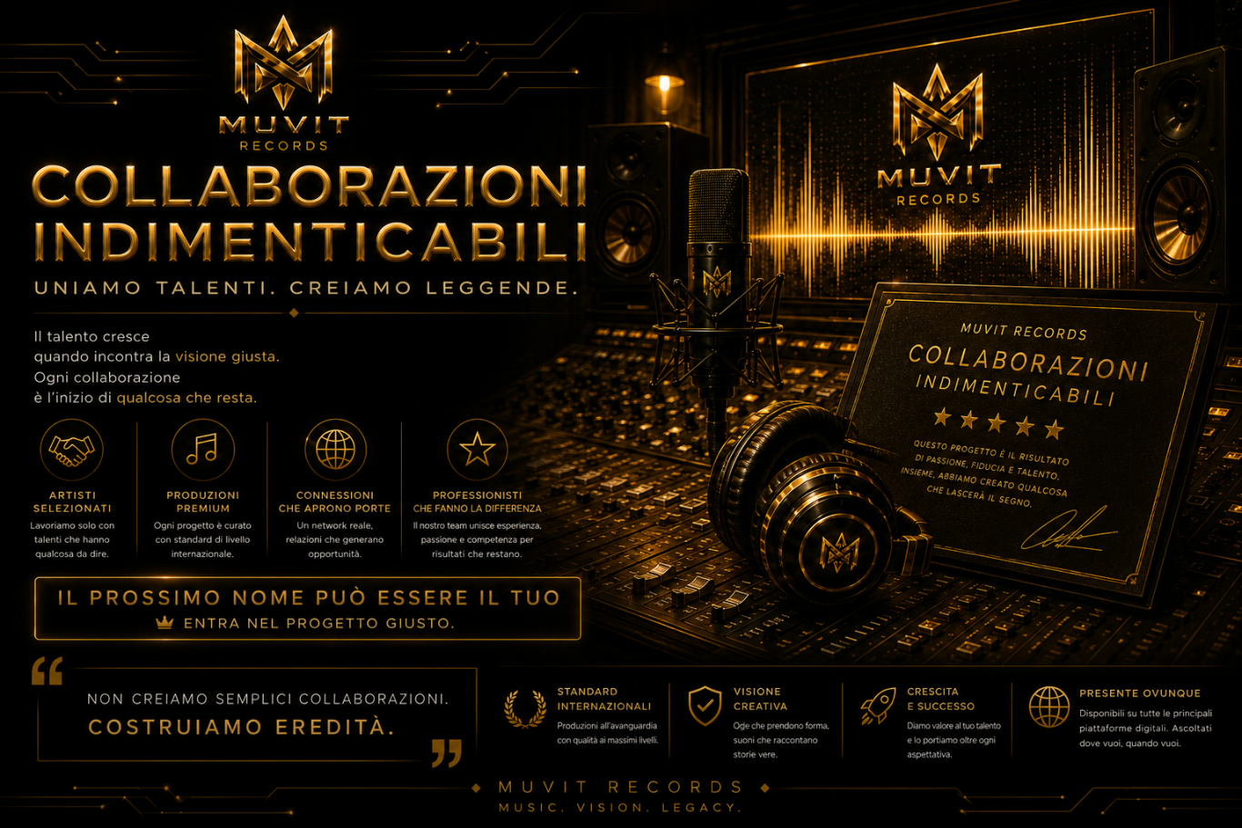 Collaborazioni indimenticabili Muvit Records: artisti e producer uniti in studio e sul palco in ambiente futuristico gold cyberpunk