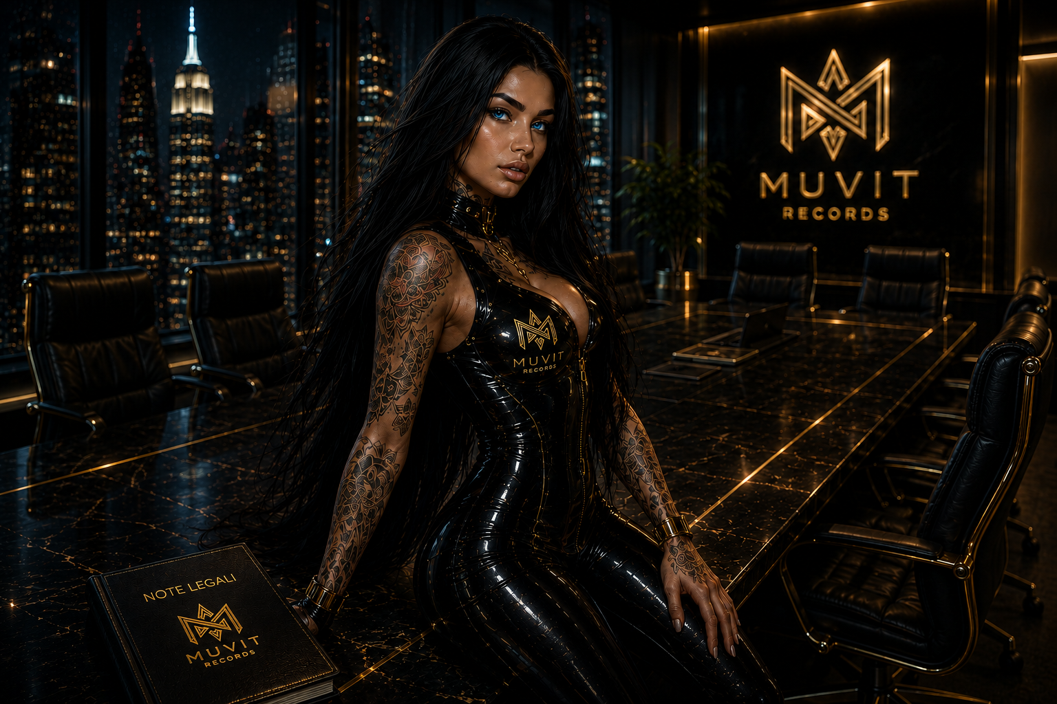 Muvit Records - Note Legali Un ambiente futuristico ed elegante in stile cyber-luxury mostra la sala riunioni di Muvit Records illuminata da riflessi oro e nero.