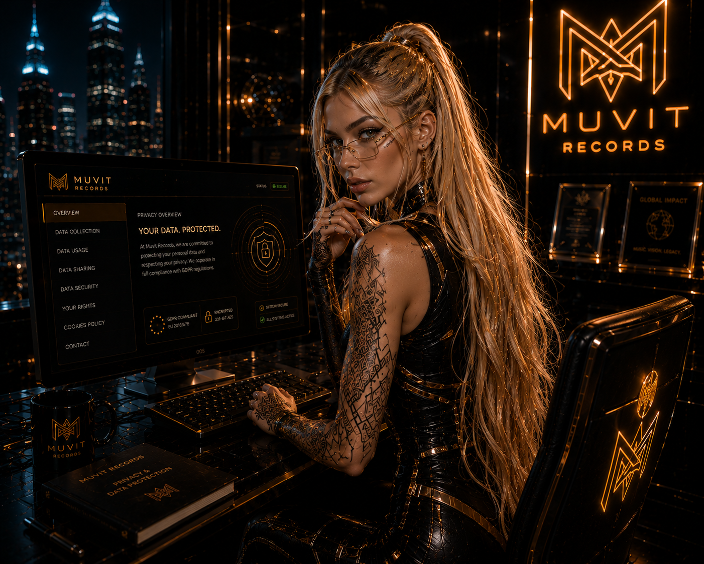 Una donna dallo stile cyber-futuristico siede nel sofisticato studio hi-tech di Muvit Records e si occupa della Privacy Policy