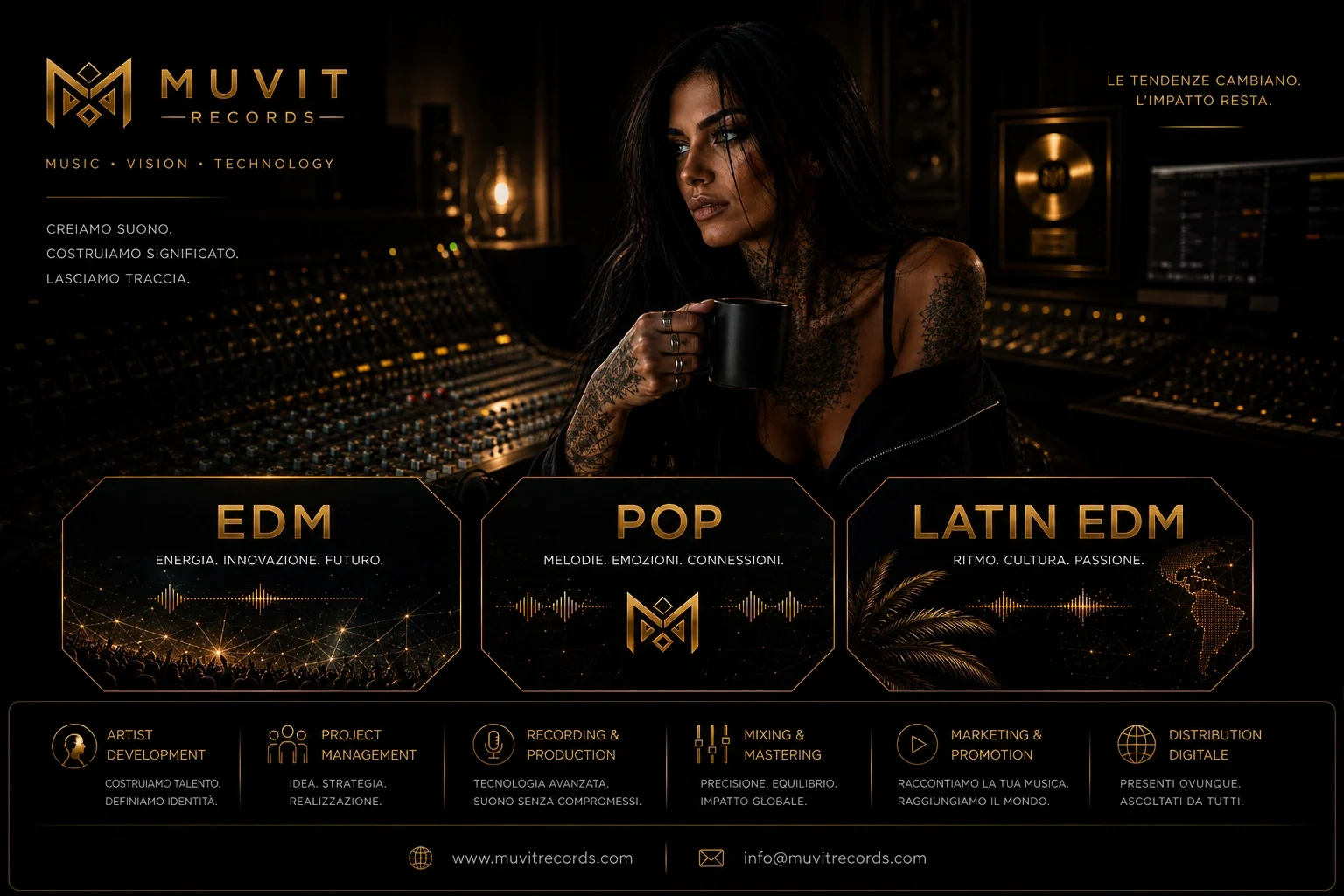 Produzione Musicale EDM, Pop e Latin EDM | MUVIT Records Studio di produzione musicale MUVIT Records specializzato in progetti artistici EDM, Pop e Latin EDM, con servizi professionali di recording
