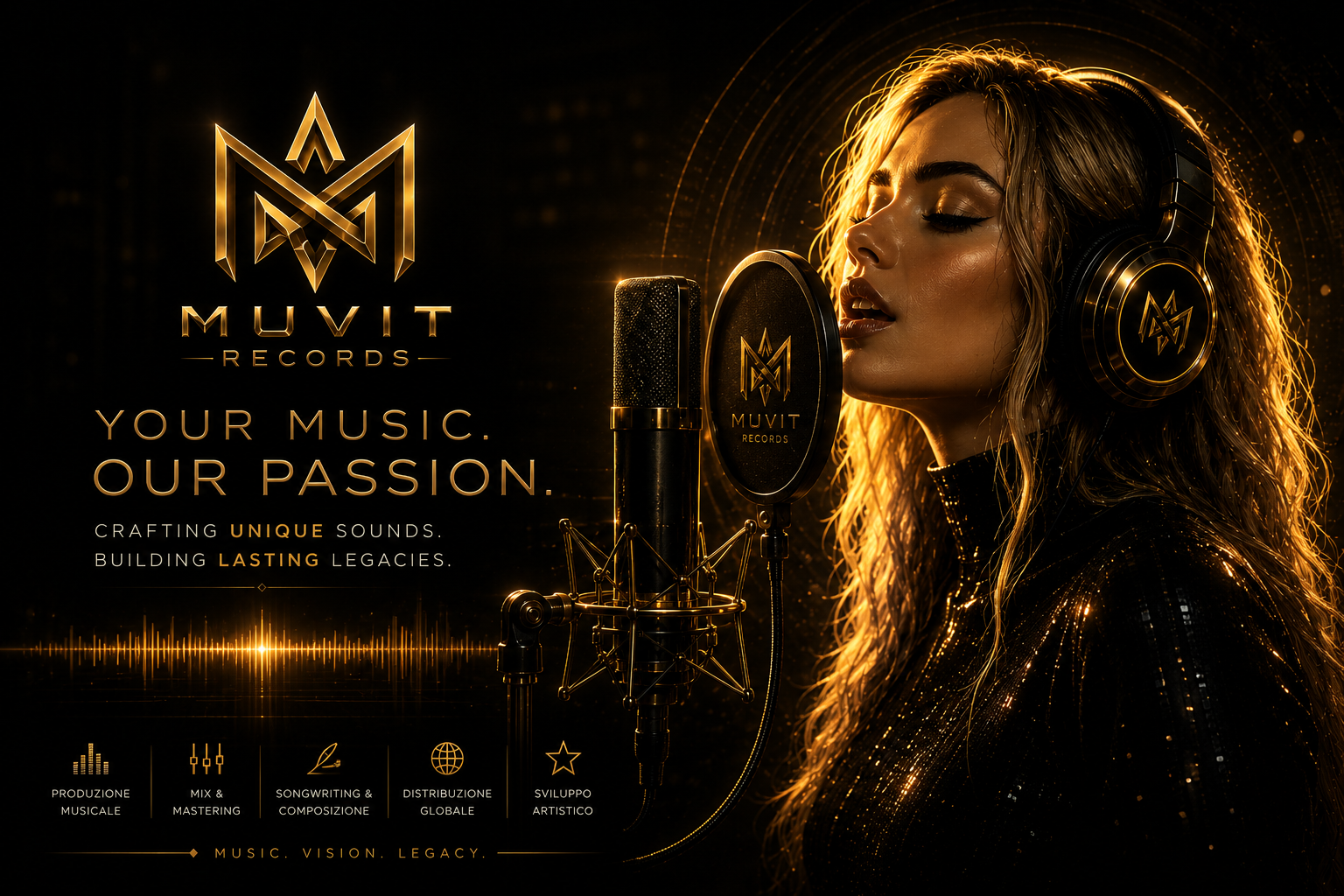 Registrazioni Vocali Professionali in Studio Muvit Records Luxury Black & Gold con Microfoni Neumann High-End Registrazioni vocali professionali Muvit Records
con microfoni Neumann High-End
in uno studio dal design cinematico
black & gold luxury.