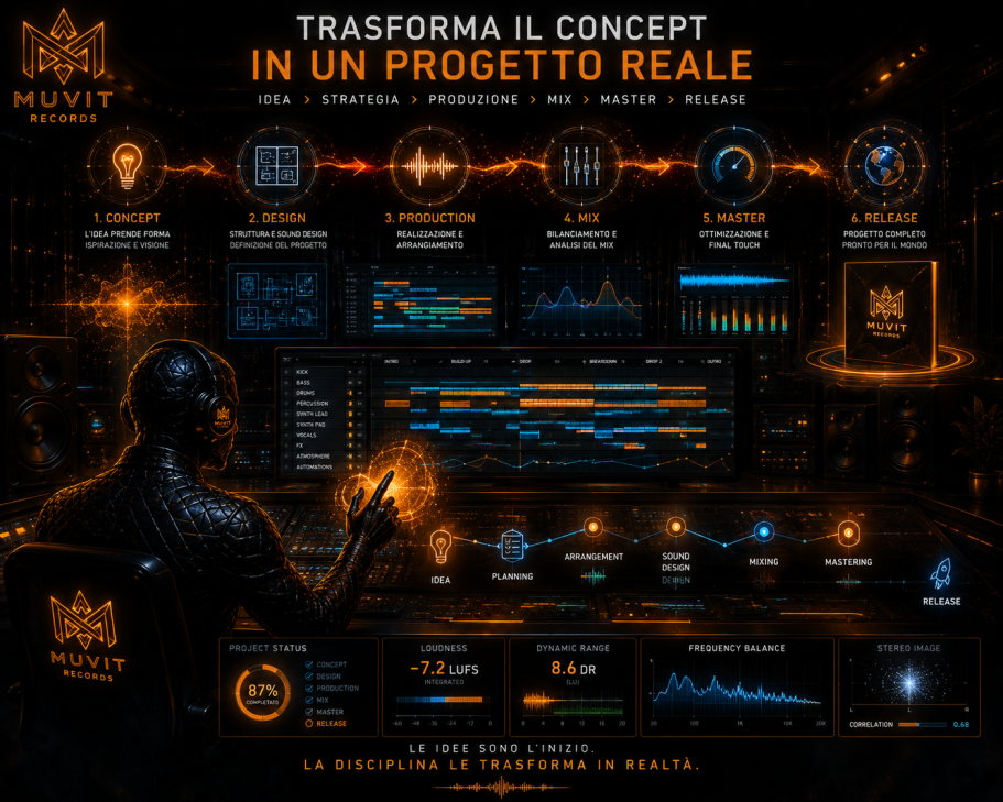 Le Tue Idee in Realtà Straordinarie – Visione Creativa Muvit Records Le tue idee diventano musica Muvit Records: processo creativo in studio futuristico gold cyberpunk dove concept, sound design e produzione