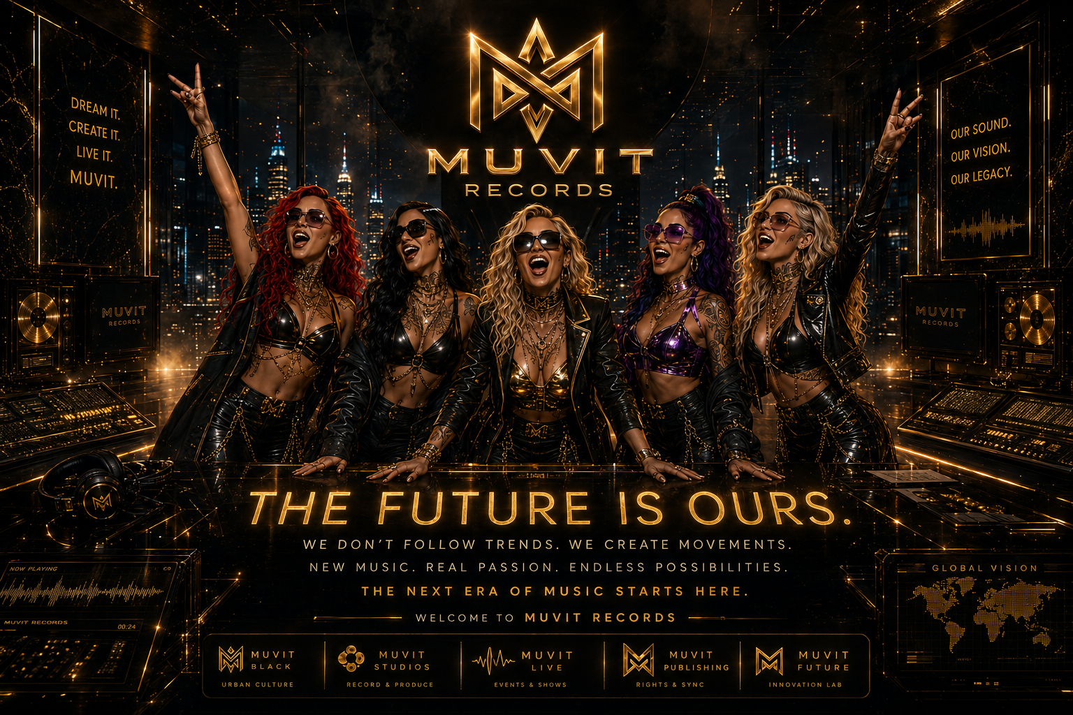 Cinque ragazze tatuate dal look cyber-glam posano con entusiasmo all’interno degli studi futuristici Muvit Records