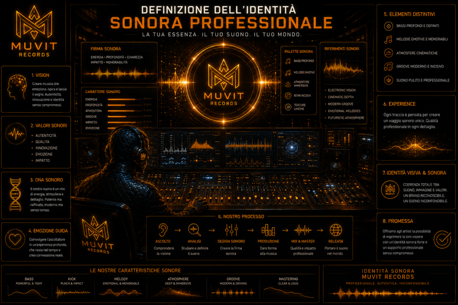 Definizione dell’Identità Sonora – Sound Design Professionale Muvit Records Definizione dell’identità sonora Muvit Records: sviluppo del sound distintivo in studio futuristico gold cyberpunk, con sound design