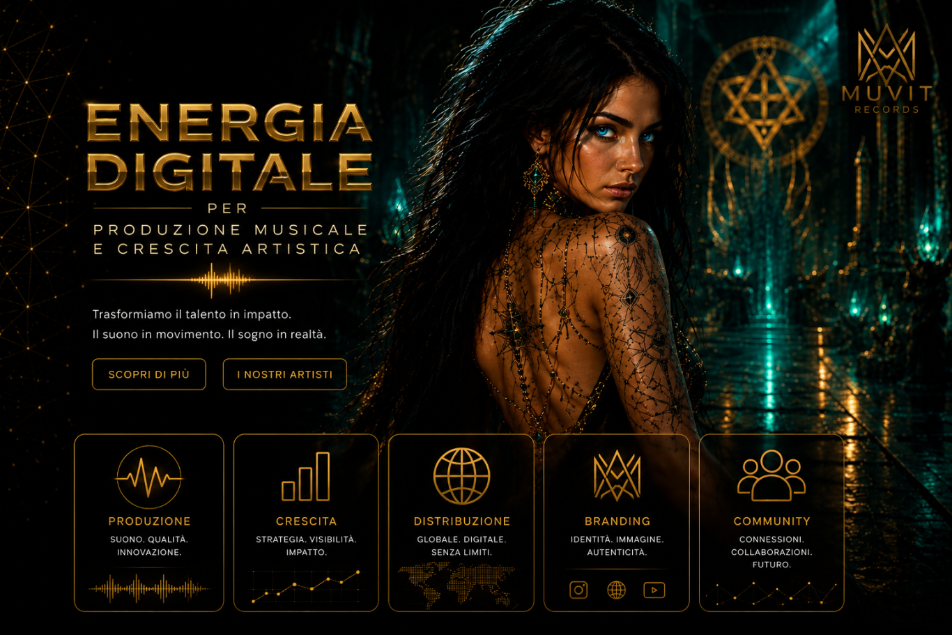 Ambiente musicale cinematico MUVIT Records dedicato a nuova generazione EDM, Pop e Latin con identità sonora immersiva.