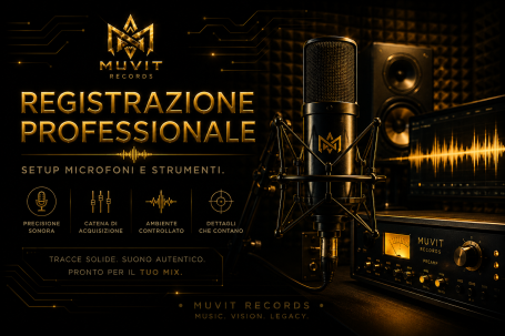 Registrazione Professionale – Studio Audio Premium Muvit Records Registrazione professionale Muvit Records: sessione in studio high-end con microfoni di alta gamma, trattamento acustico e tecnologie modern
