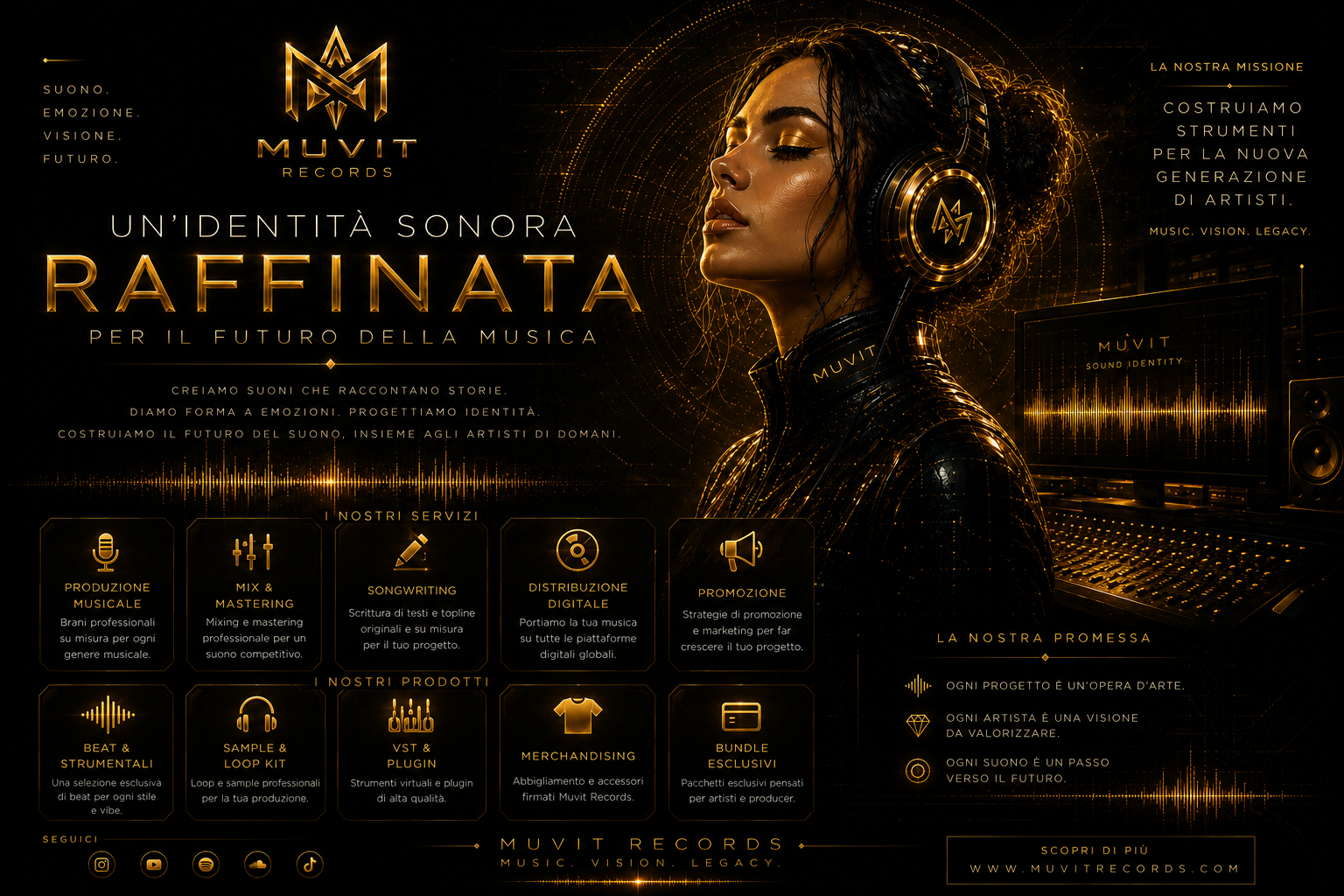 Un’Identità Sonora Raffinata per il Futuro della Musica Muvit Records Poster digitale cinematico di Muvit Records in stile luxury futuristico con palette nero e oro
