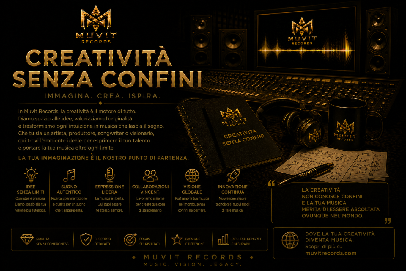Creatività Senza Confini – Innovazione Musicale Muvit Records Creatività senza confini Muvit Records rappresentata in uno studio futuristico: artisti e producer immersi in un ambiente gold cyberpunk