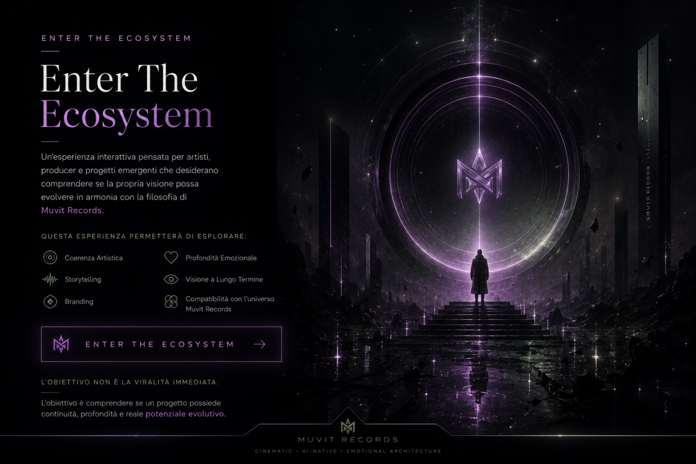 Enter the MUVIT Records Narrative Ecosystem Atmospheric gateway inviting visitors into the immersive cinematic ecosystem, narrative structure, and creative universe of MUVIT Records.