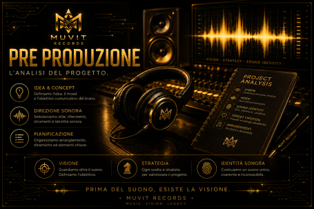 Pre Produzione – Sviluppo Creativo Muvit Records Pre produzione musicale Muvit Records: fase iniziale del progetto in studio futuristico gold cyberpunk, con sviluppo creativo