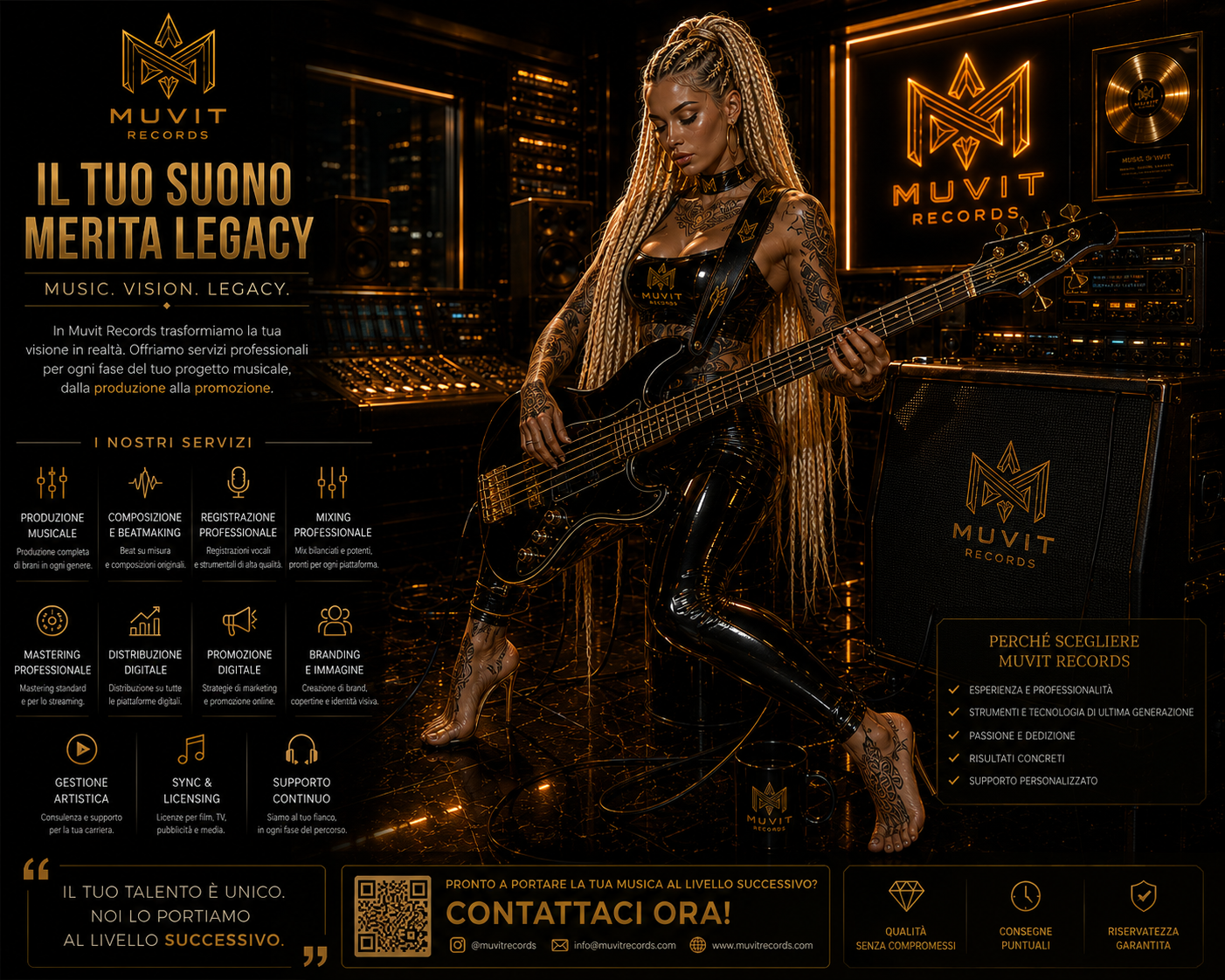 Muvit Records - Cyber Bass Queen Una musicista dallo stile cyberpunk suona un basso elettrico in uno studio di registrazione futuristico firmato Muvit Records