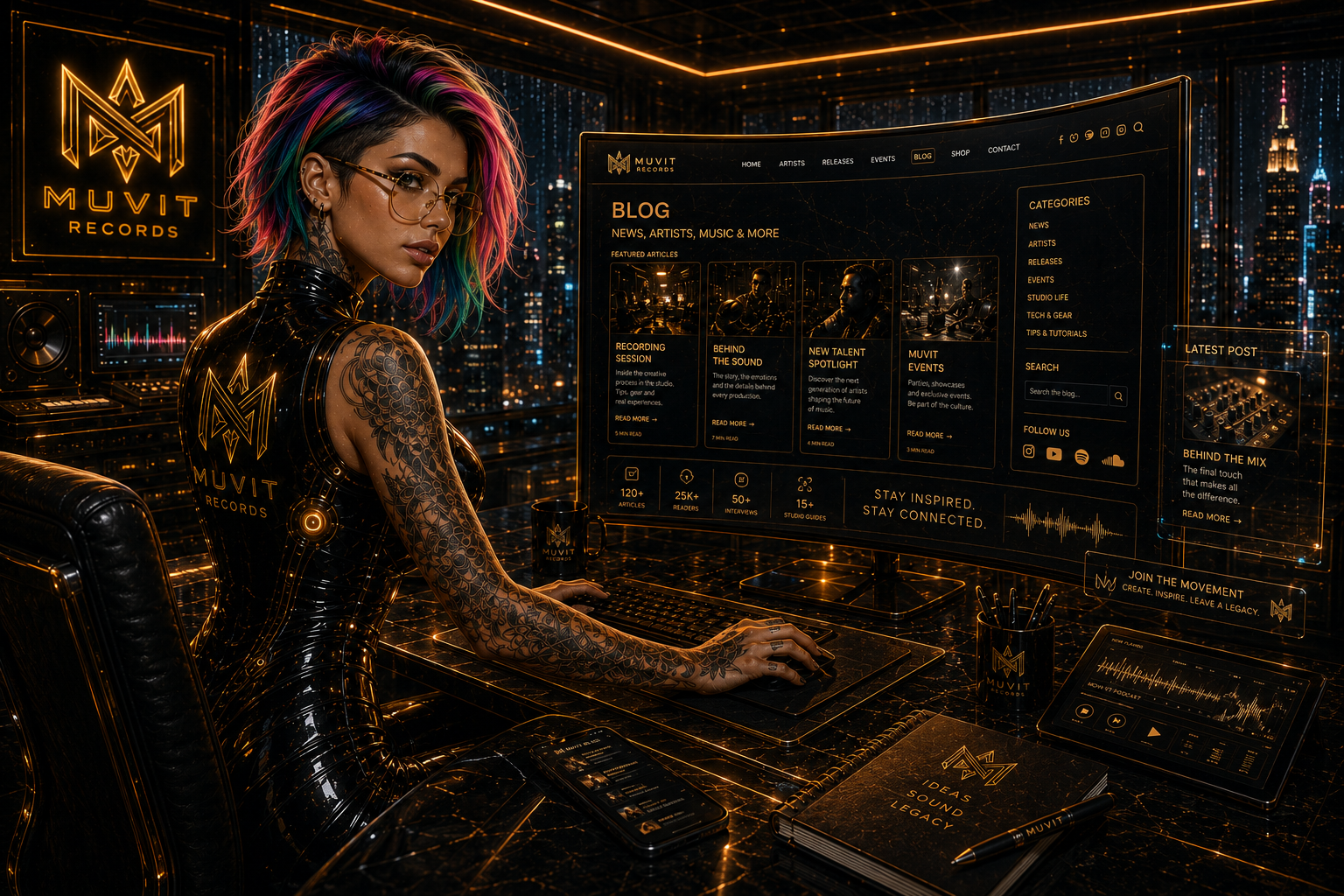 Ragazza con capelli multicolor, tatuaggi e occhiali moderni che lavora al computer con monitor curvo nella sala creativa Muvit Records