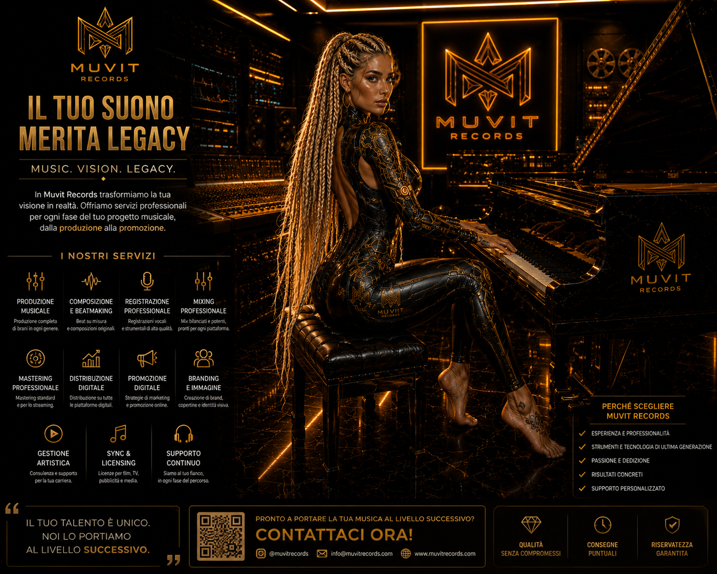 Pianista Cyber Futuristica Muvit Records nello Studio Black & Gold Ragazza bionda dai capelli lunghi e mossi con tatuaggi e abbigliamento cyber futuristico che suona un pianoforte a coda