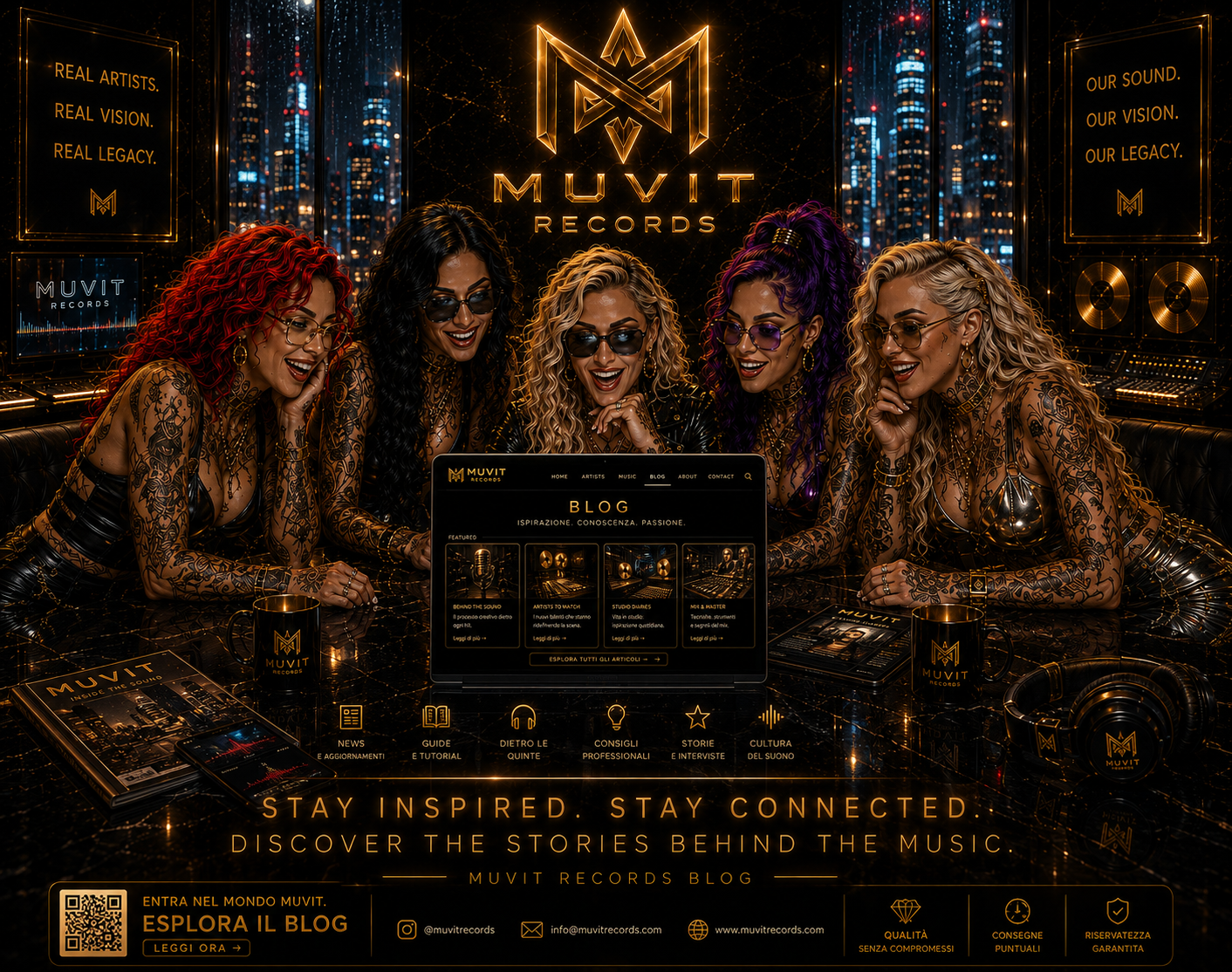 Cinque ragazze tatuate dal look cyber-glam sono sedute attorno a un laptop negli studi futuristici Muvit Records
