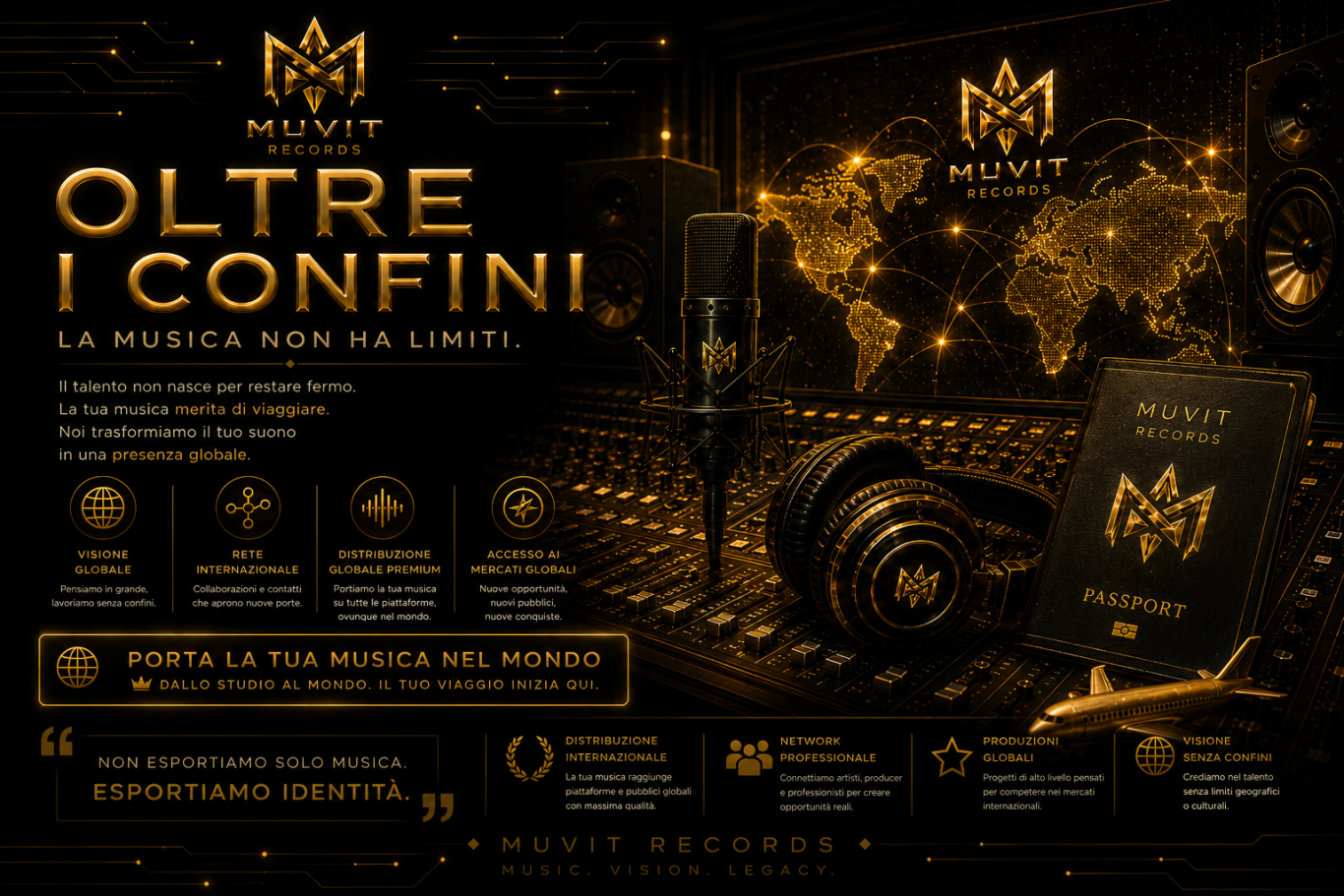 Oltre i confini musicali Muvit Records: produzione e distribuzione globale in ambiente futuristico gold cyberpunk, con sonorità internaziona