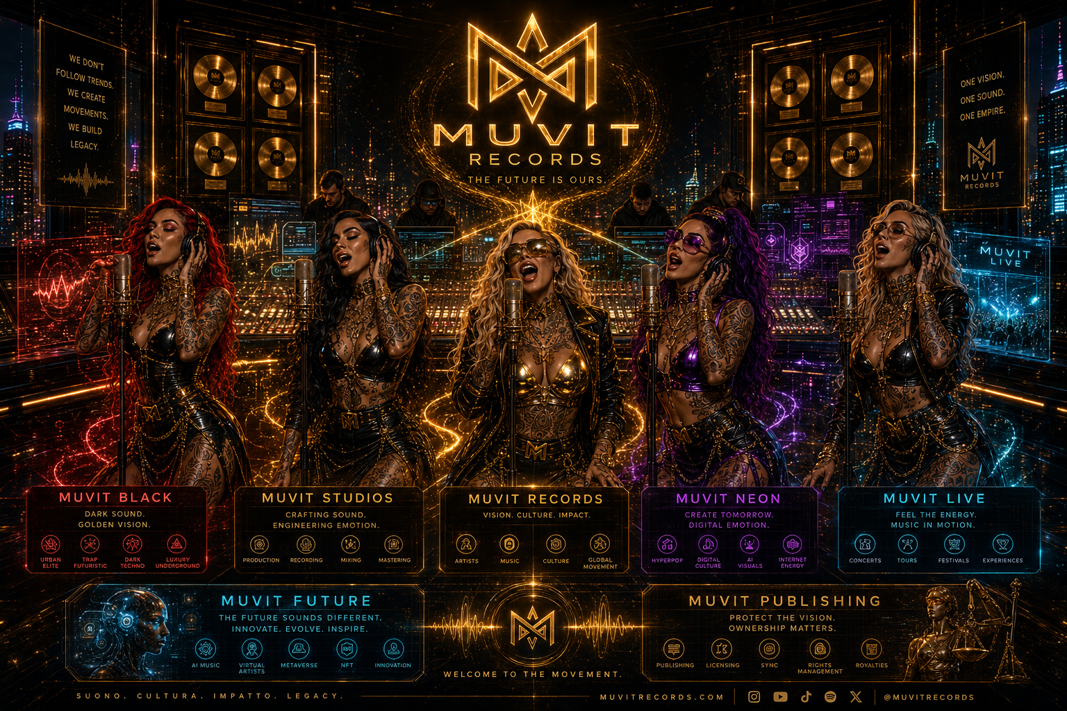 Muvit Records - Cyber Voices Collective Cinque cantanti dal look cyber-futuristico posano nella sala incisione Muvit Records