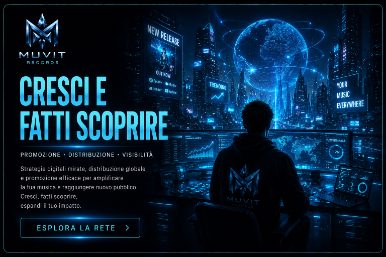 Promozione Cinematica – Marketing e Branding MUVIT Una scena cinematica futuristica in stile digitale che rappresenta il marketing e il branding di MUVIT Records, con toni coerenti alla sezio