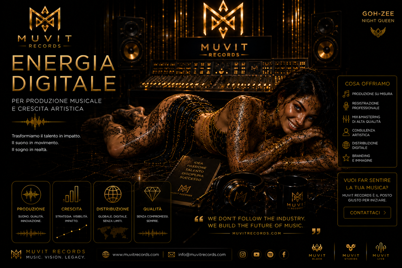 Figure cyber-futuristiche attraversano gli studi MUVIT Records in un ambiente musicale cinematico e immersivo.