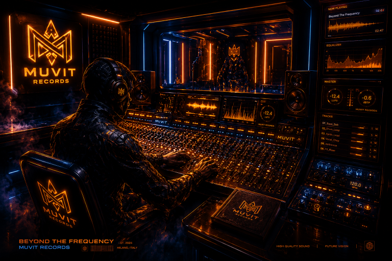 Definizione Mixaggio Audio – Qualità Sonora Professionale Muvit Records Definizione di mixaggio audio Muvit Records: processo di combinazione e bilanciamento delle tracce in studio futuristico gold cyberpunk