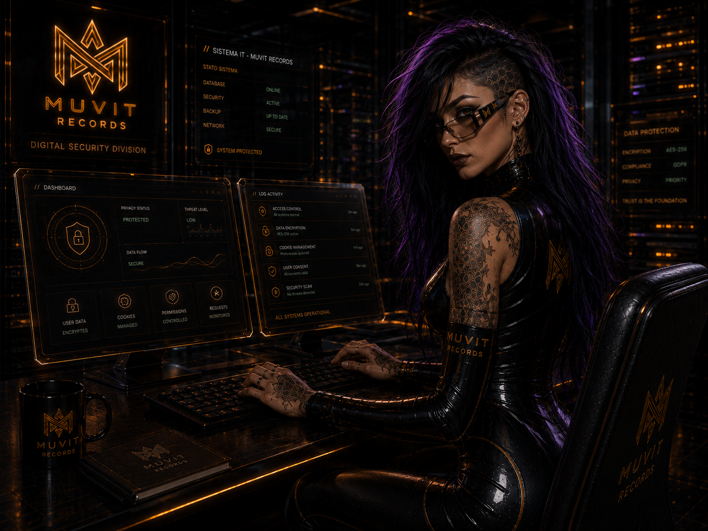Donna cyberpunk con lunghi capelli, tatuaggi dettagliati e outfit coordinato black & gold Muvit Records
