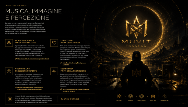 Quando Musica, Immagine e Visione Diventano Ecosistema Figura immersa nell'universo MUVIT Records nero e oro, dove musica, identità e percezione convergono in un ecosistema creativo.