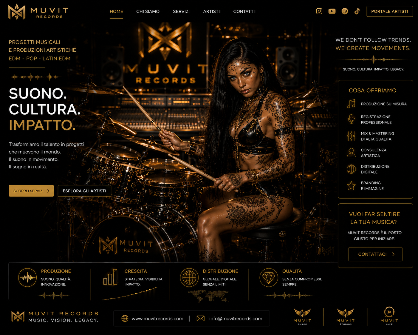 Cyber Pulse Drummer | Universo Creativo MUVIT Records Batterista cyberpunk in un ambiente musicale futuristico che rappresenta la visione creativa e l'universo artistico di MUVIT Records